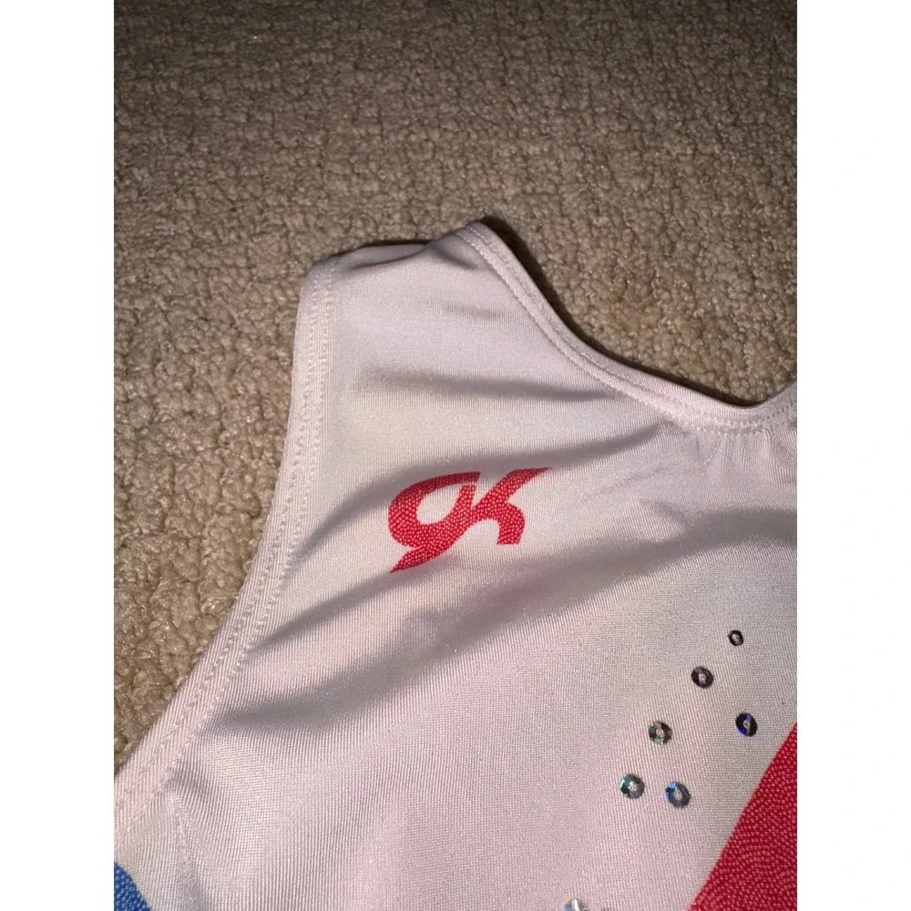 GK Elite Kids Americana Stars Stripes Rhinestone Gymnastics Leotard CM Red White